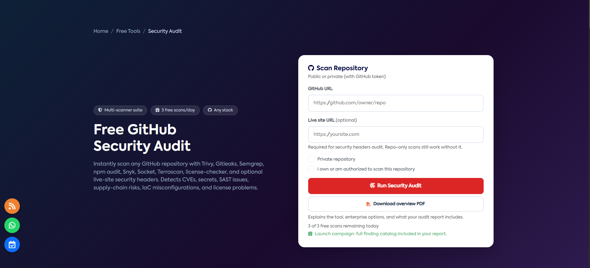 Free public audit — score, grade, and category charts